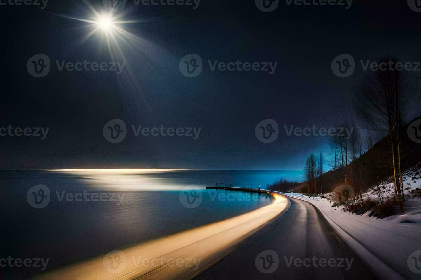 un largo exposición foto de un la carretera y el Luna. generado por ai