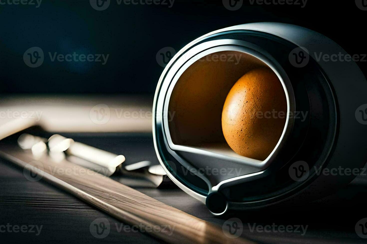 an egg in a bowl on a table. AI-Generated photo