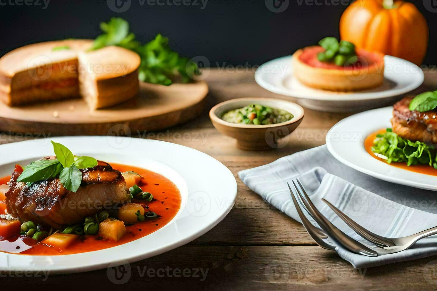a table with two plates of food and a cake. AI-Generated photo