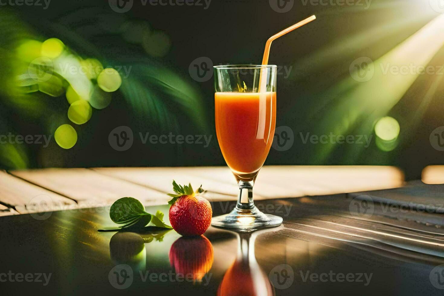 un vaso de naranja jugo con un Paja y fresas generado por ai foto