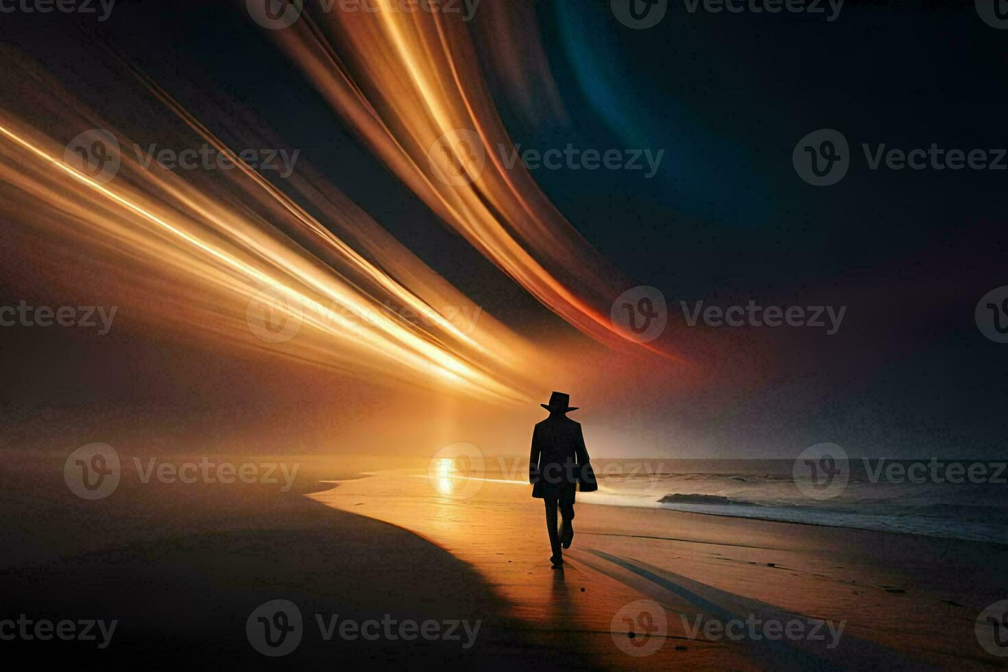 a man walking on the beach at night with a long streak of light. AI-Generated photo