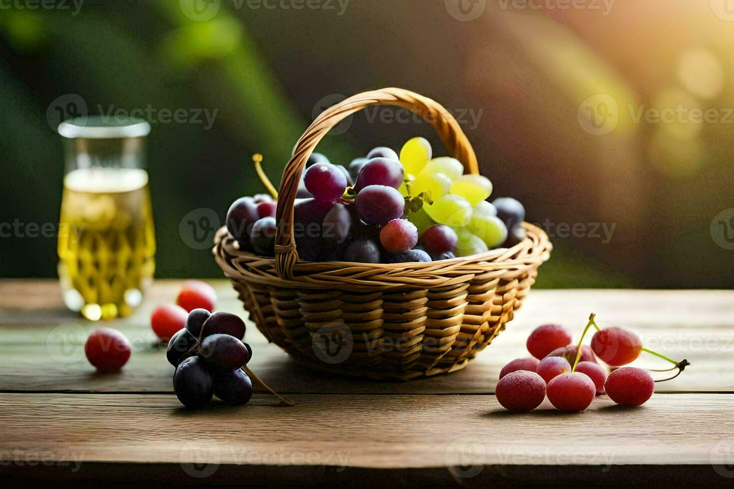uvas en un cesta en un mesa. generado por ai foto