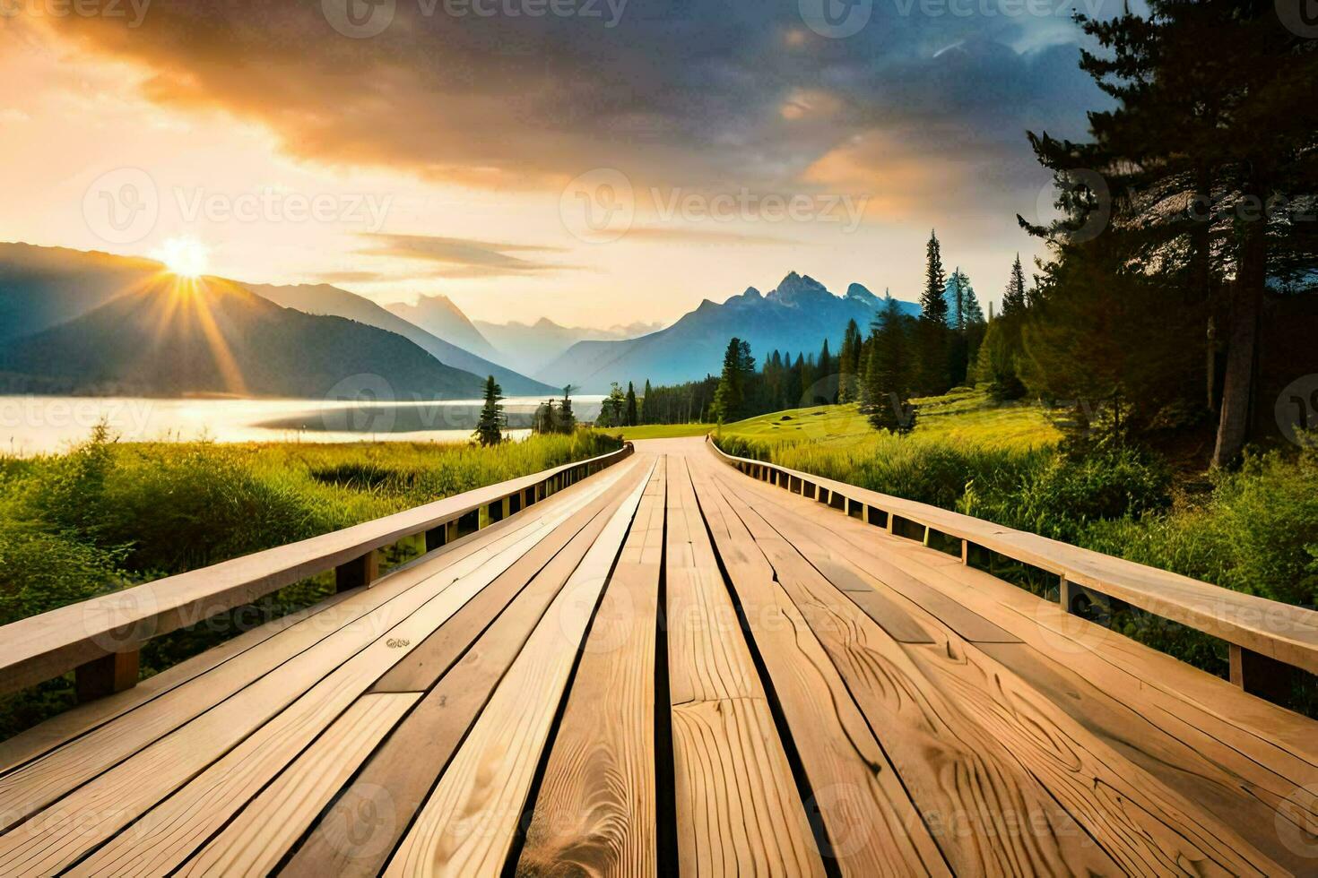 un de madera puente Guías a un lago y montañas. generado por ai foto