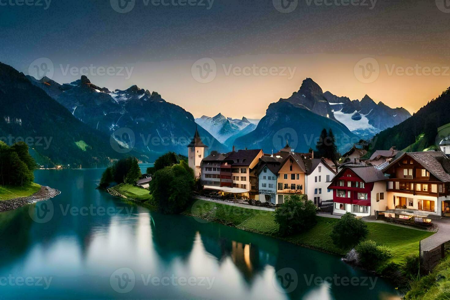 the beautiful town of alps at sunset. AI-Generated photo