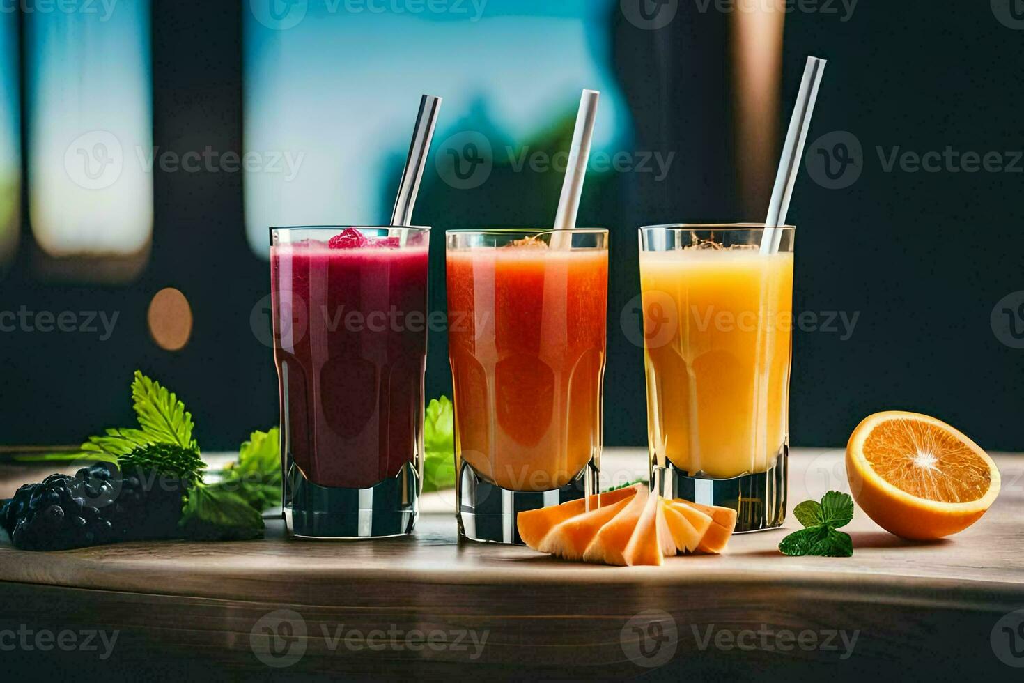 Tres lentes de jugo con pajitas en un mesa. generado por ai foto