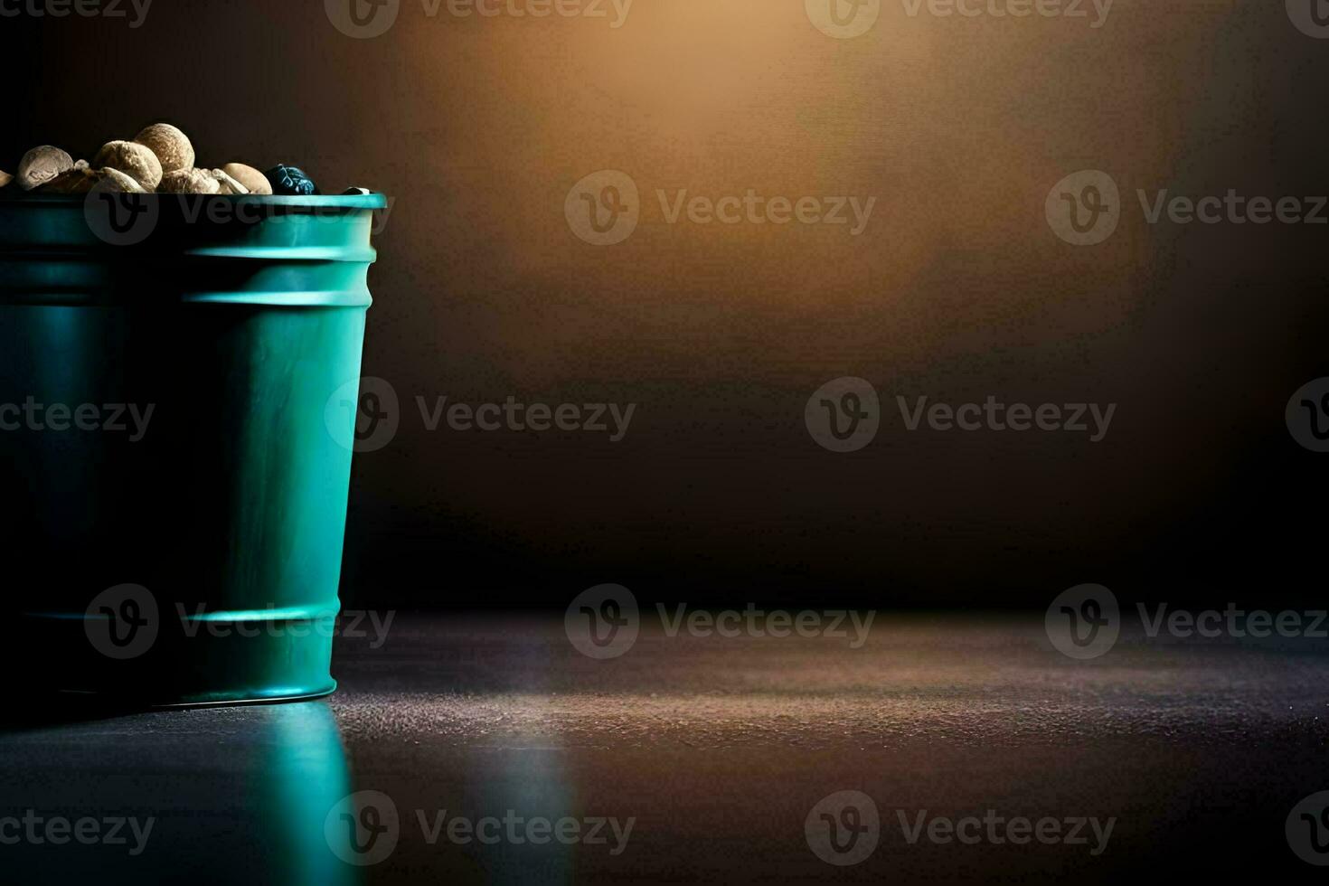 a green bucket filled with peanuts on a dark background. AI-Generated photo