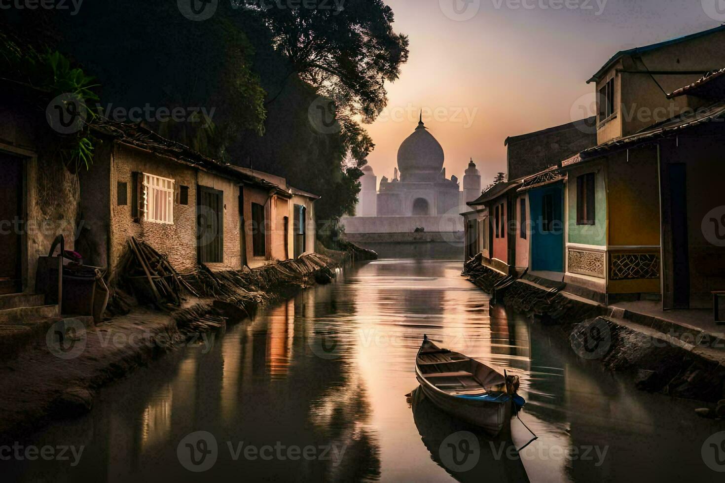 a boat is sitting in the water near a small town. AI-Generated photo