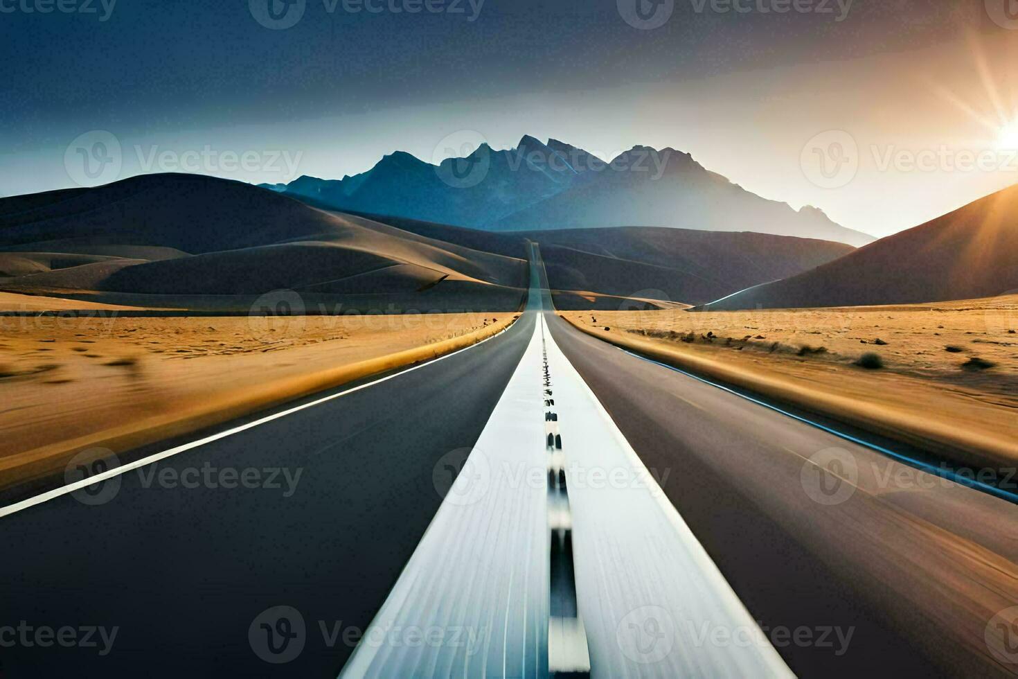 a long road with mountains in the background. AI-Generated photo