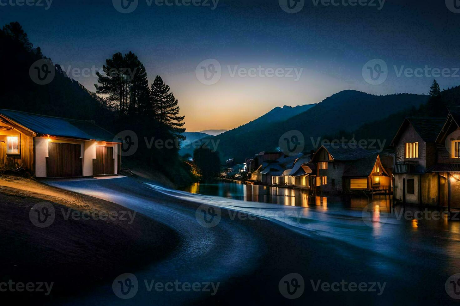 un río carreras mediante un pueblo a noche. generado por ai foto