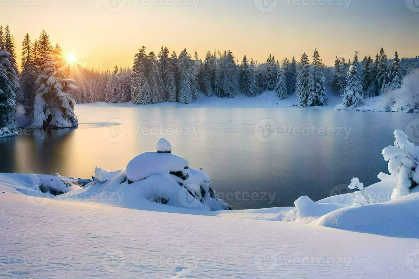 a snowy lake in the winter. AI-Generated photo