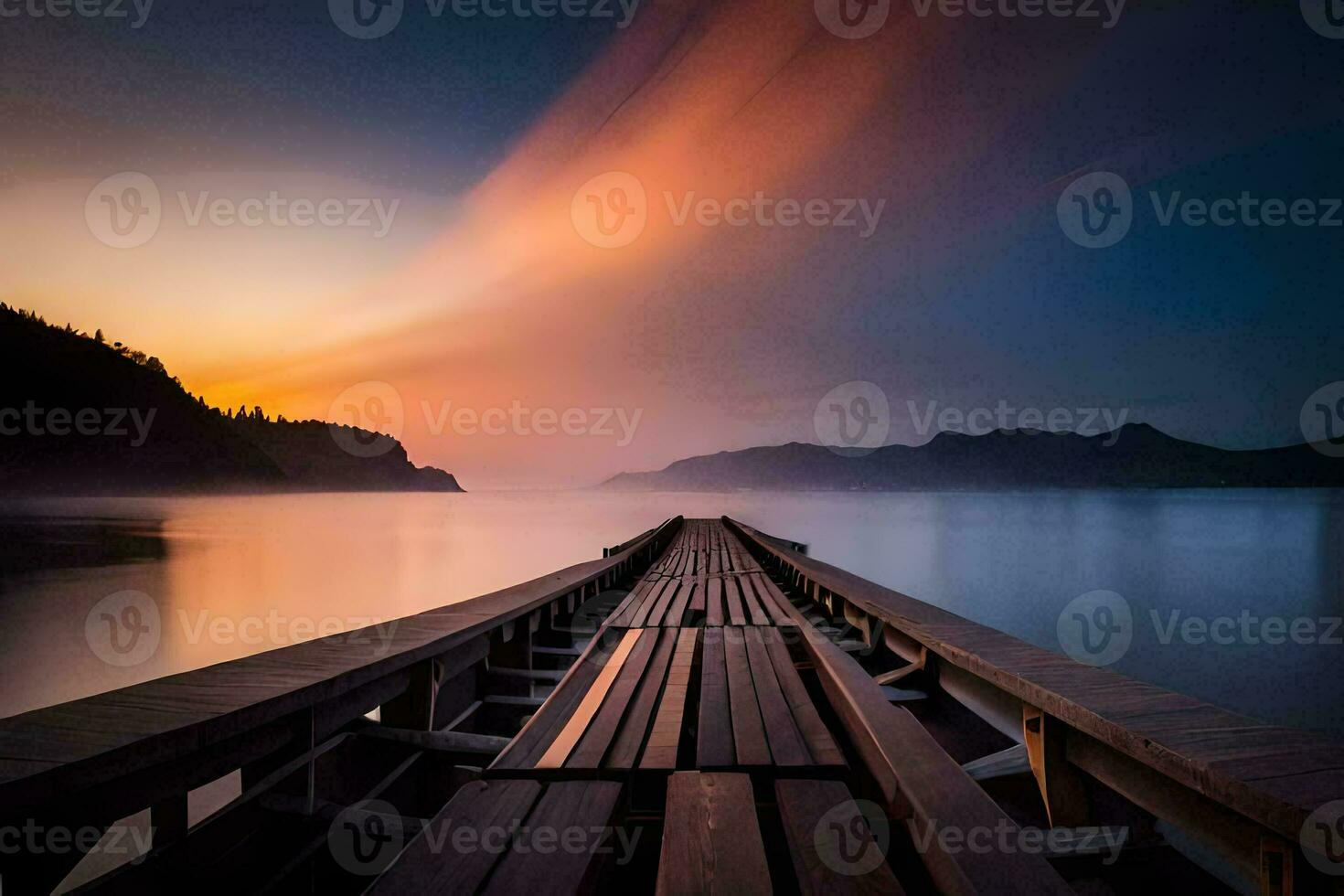 a long pier stretching out into the water at sunset. AI-Generated photo