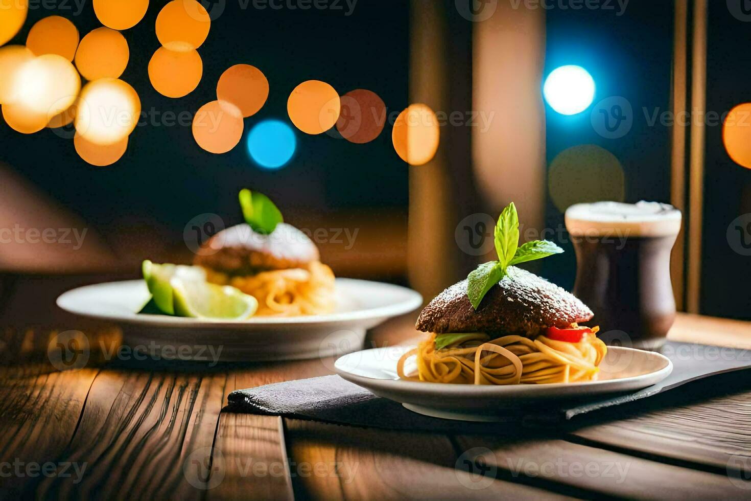 two plates with spaghetti and a drink on a table. AI-Generated photo