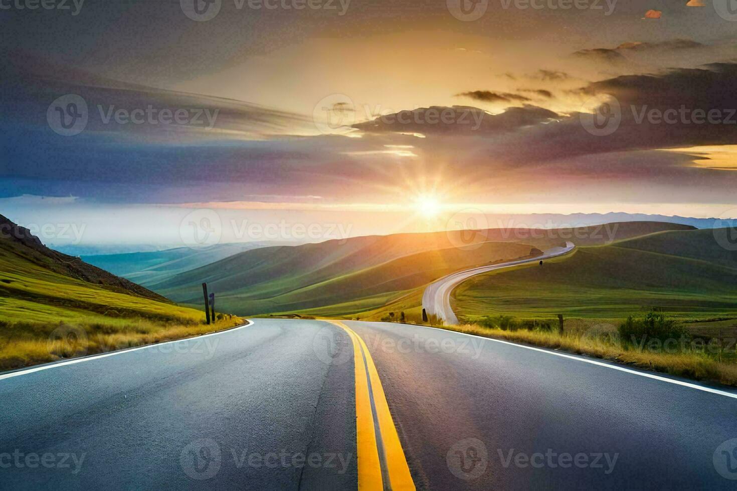 a road with the sun setting over it. AI-Generated photo