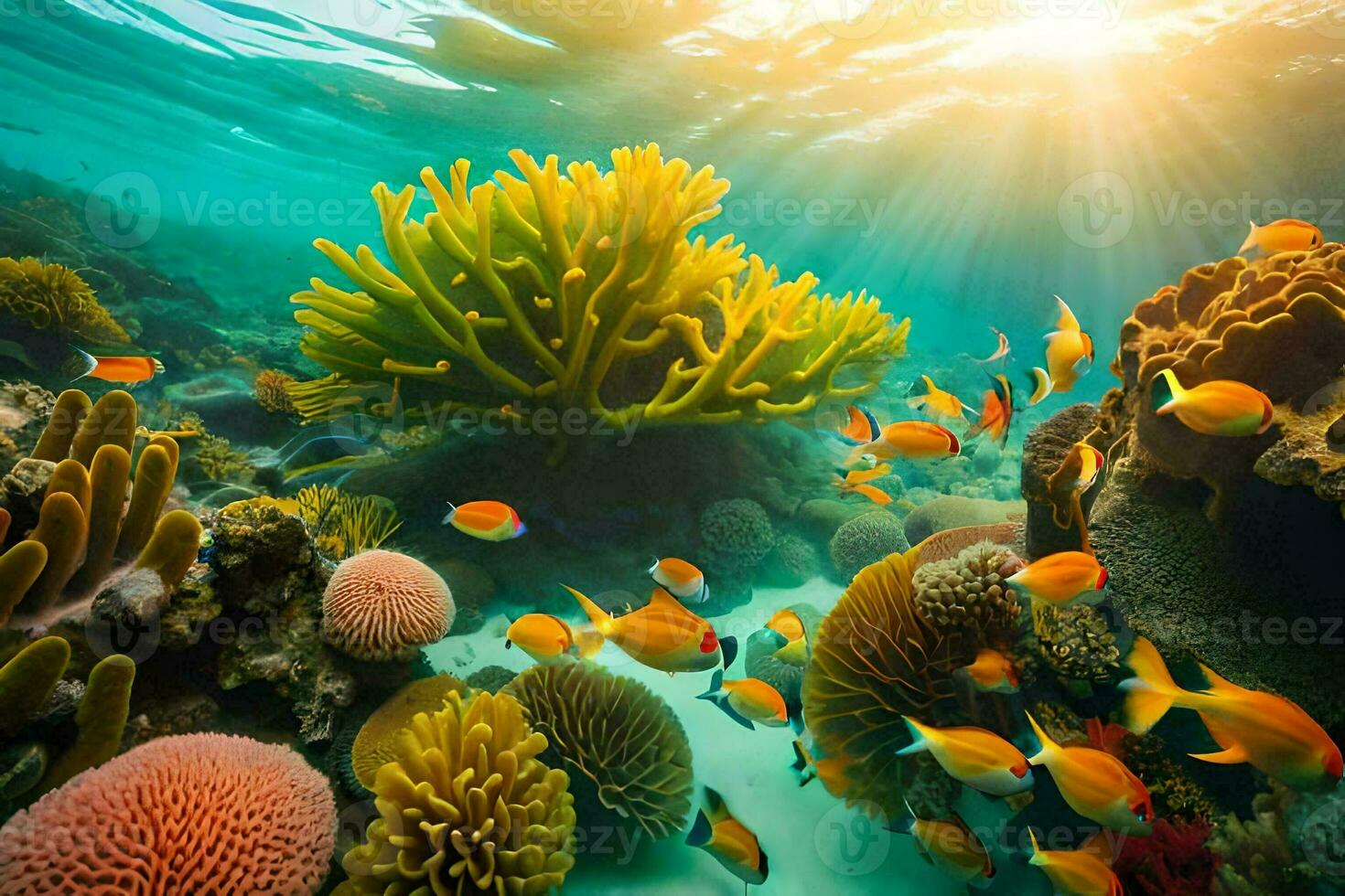 the sun shines over a coral reef with fish and corals. AI-Generated photo