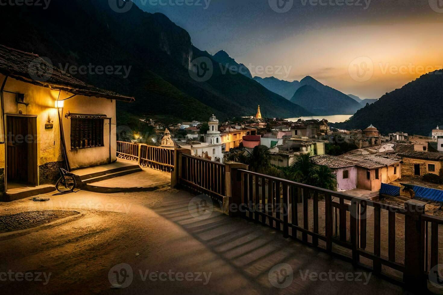 un pueblo a oscuridad con un montaña en el antecedentes. generado por ai foto