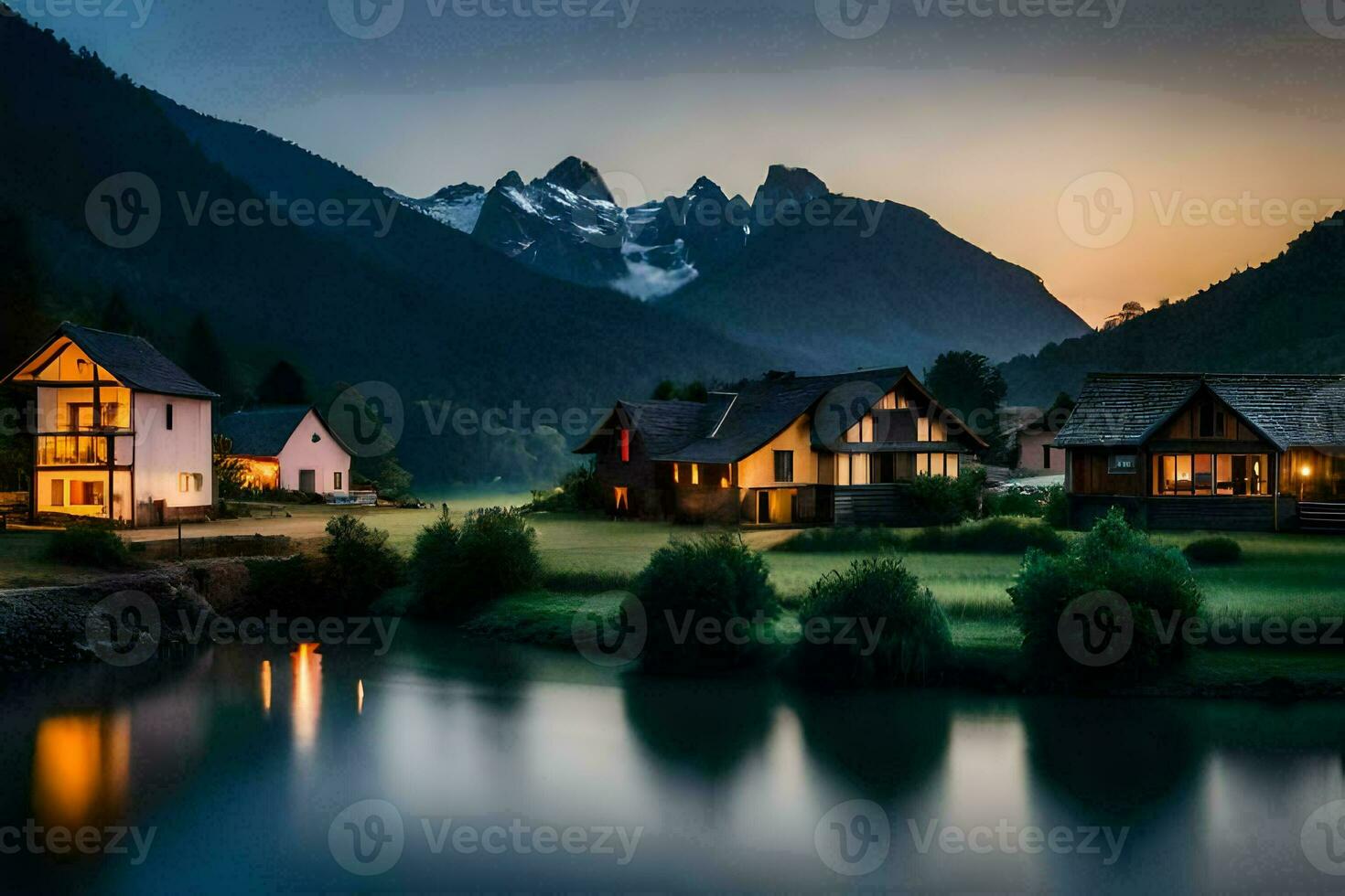 photo wallpaper the sky, mountains, lake, house, mountains, house, mountains, house,. AI-Generated