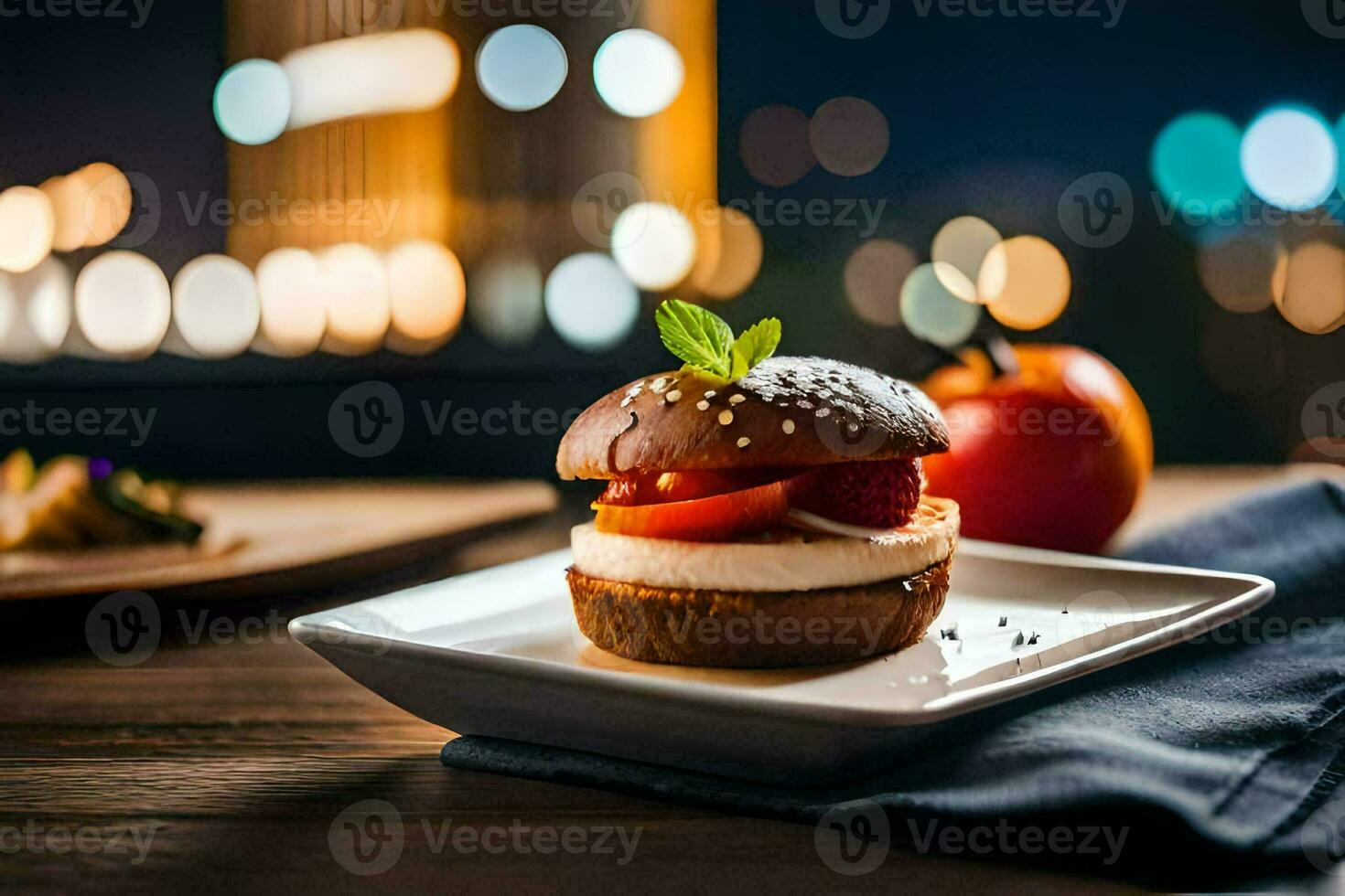 a sandwich with tomato and cheese on a white plate. AI-Generated photo
