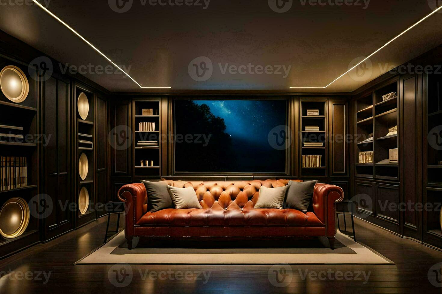 a leather couch in a dark room with bookshelves. AI-Generated photo
