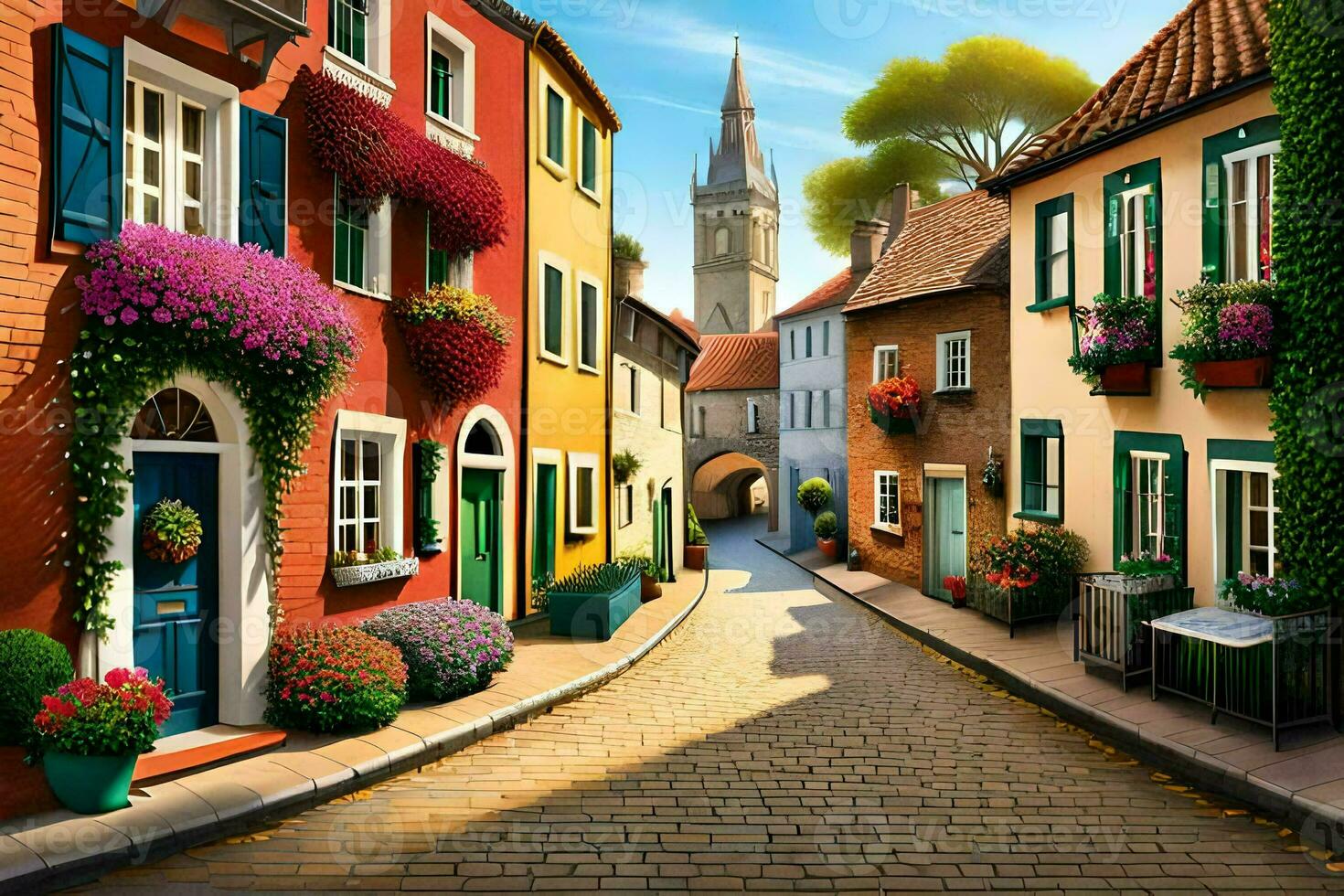 photo wallpaper the sky, flowers, the street, the town, the church, the flowers,. AI-Generated