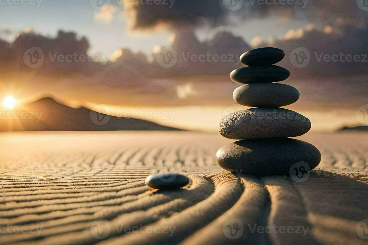 stacked stones in the sand at sunset. AI-Generated photo