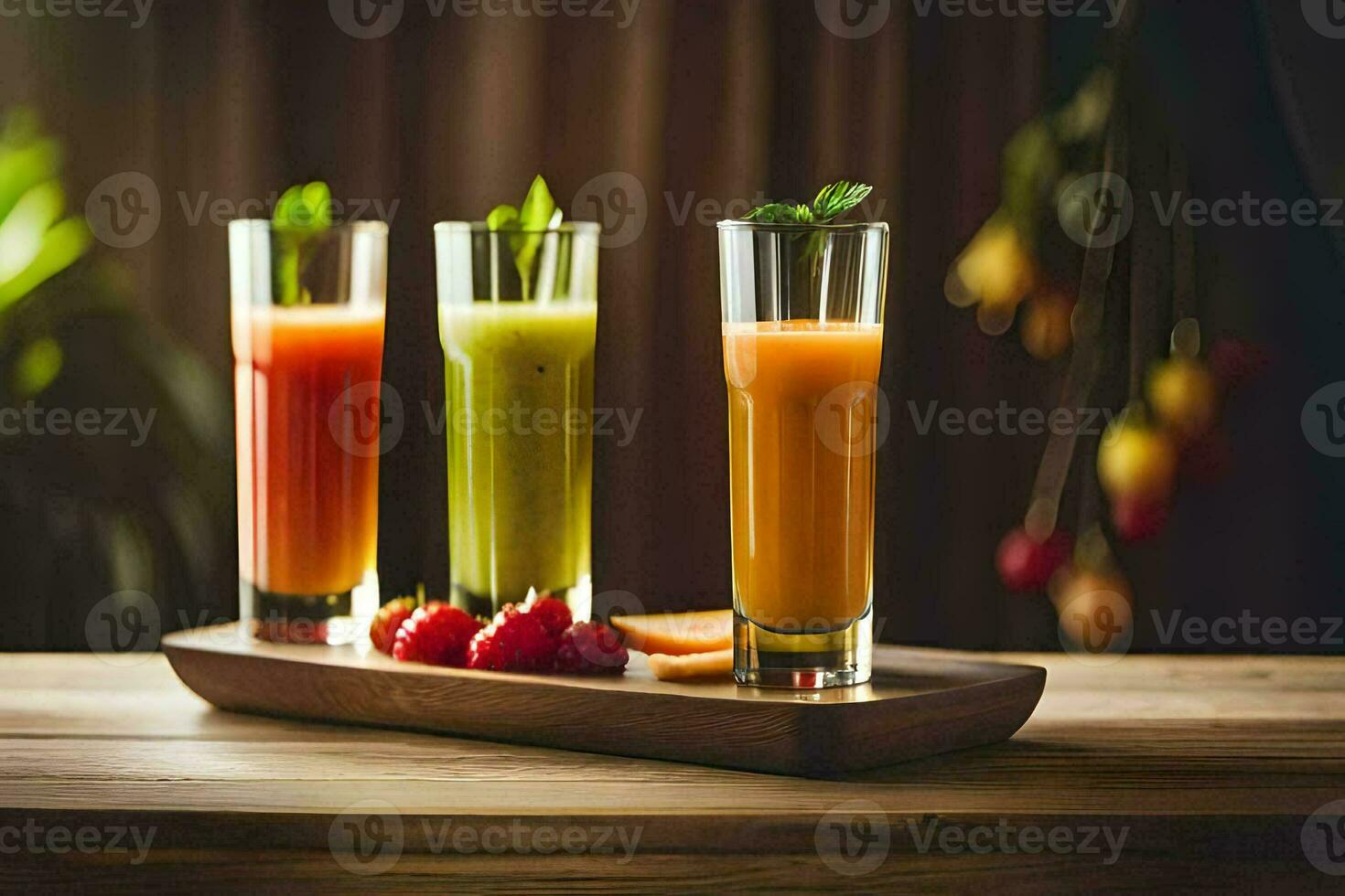 three different juices on a wooden tray. AI-Generated photo