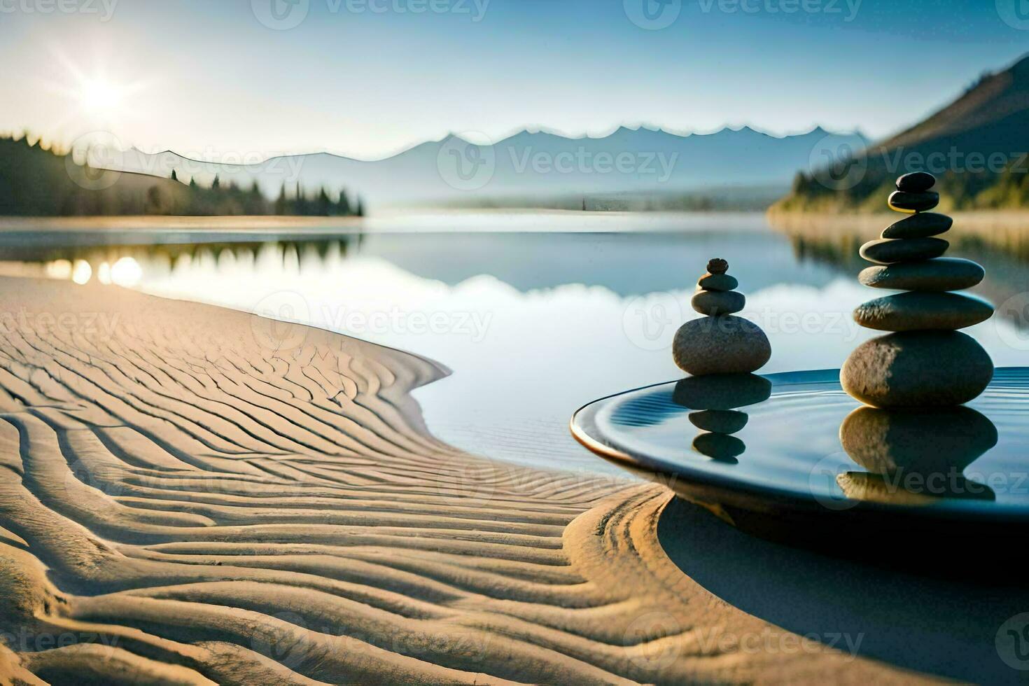 a lake and a stone stack on the sand. AI-Generated photo
