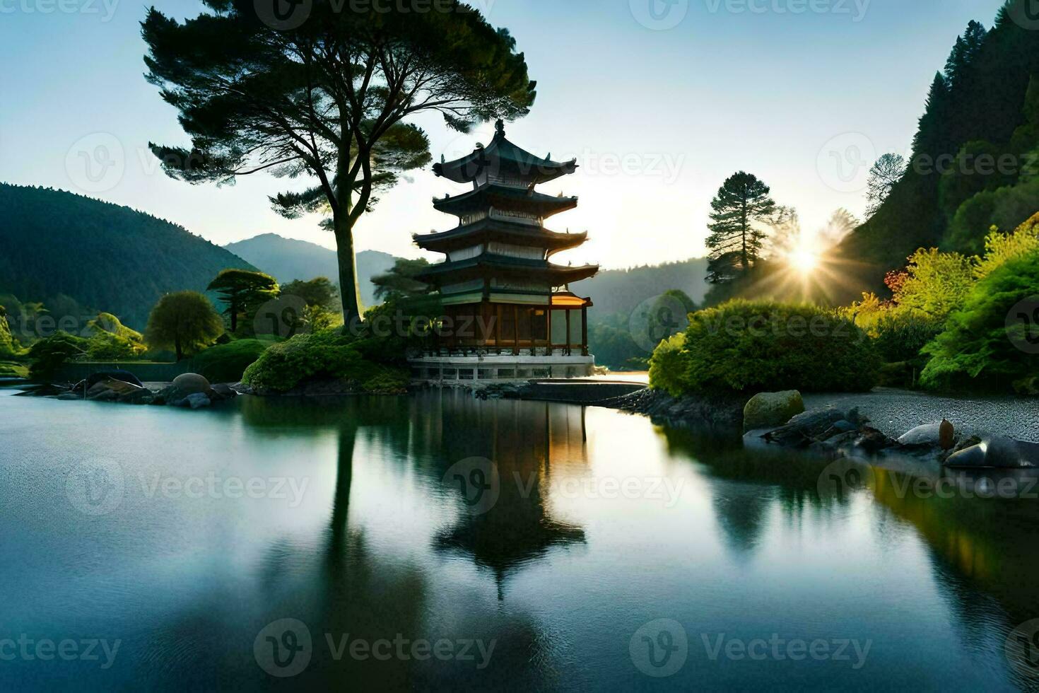 a pagoda sits on the edge of a lake in the middle of a forest. AI-Generated photo