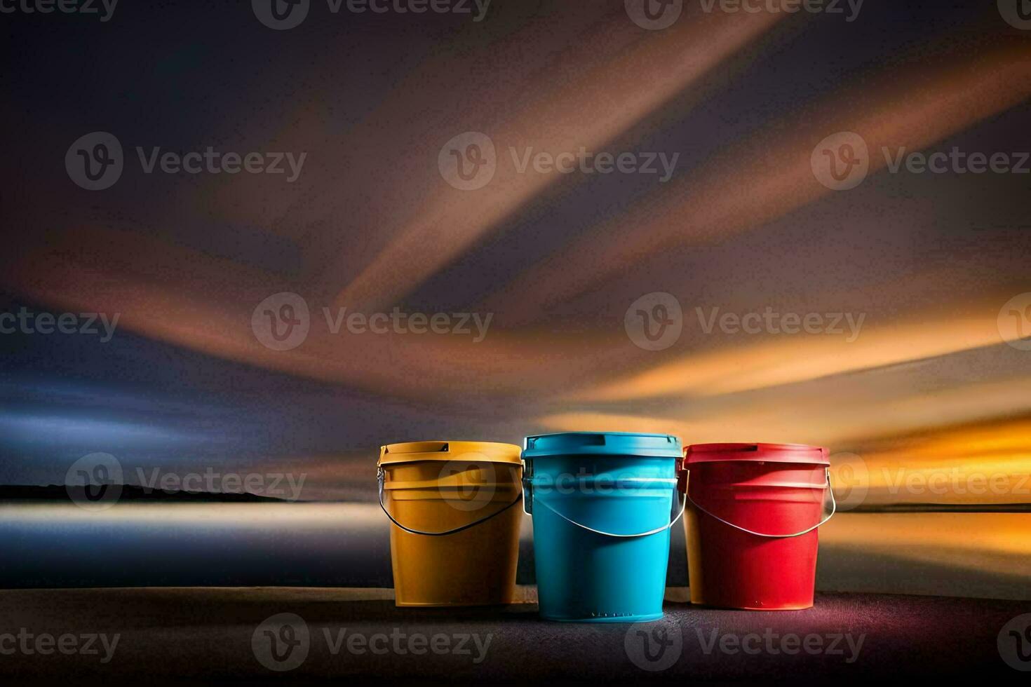 three buckets sit on the ground at sunset. AI-Generated photo