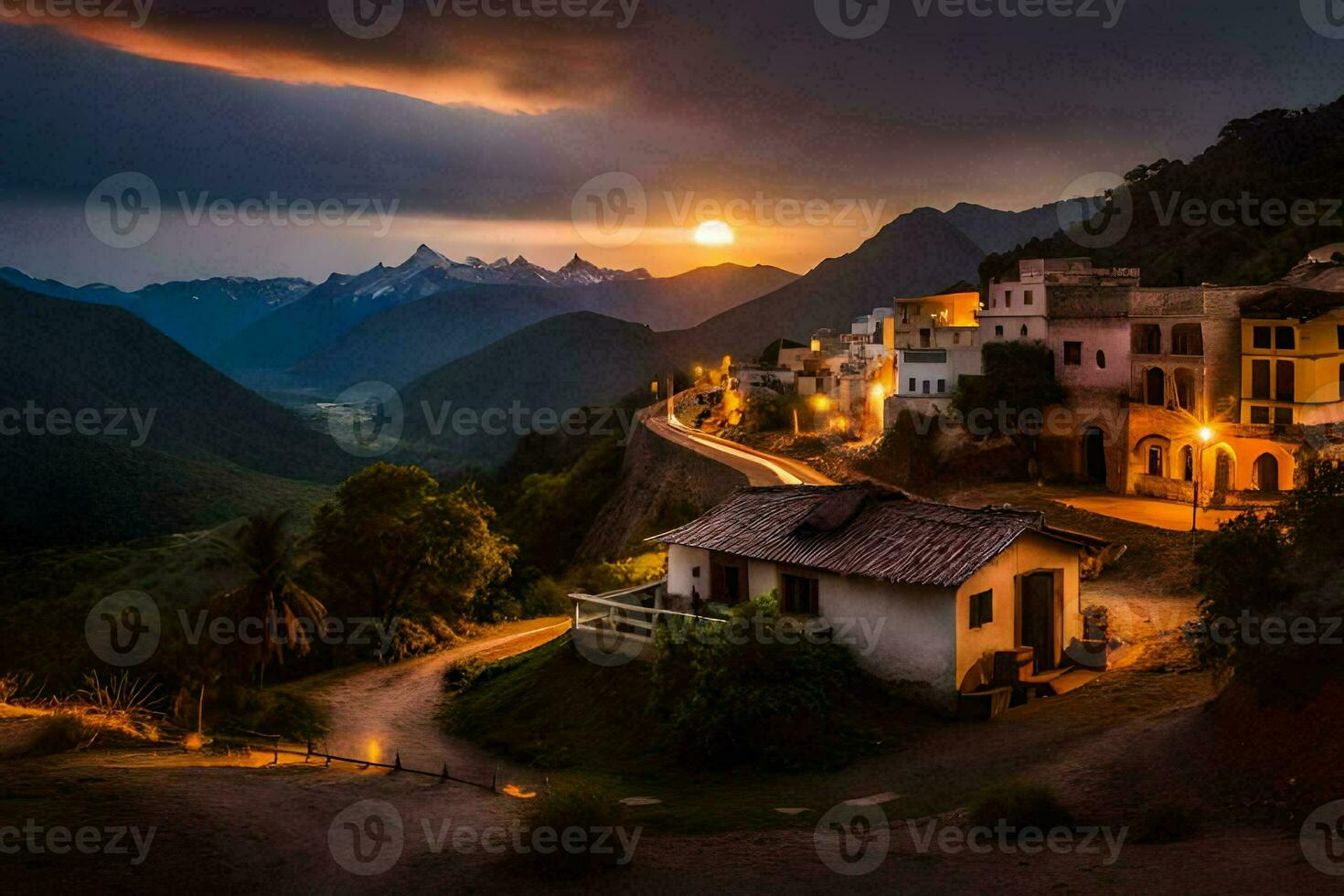 foto fondo de pantalla el cielo, montañas, atardecer, el camino, casas, el aldea, el puesta de sol. generado por ai