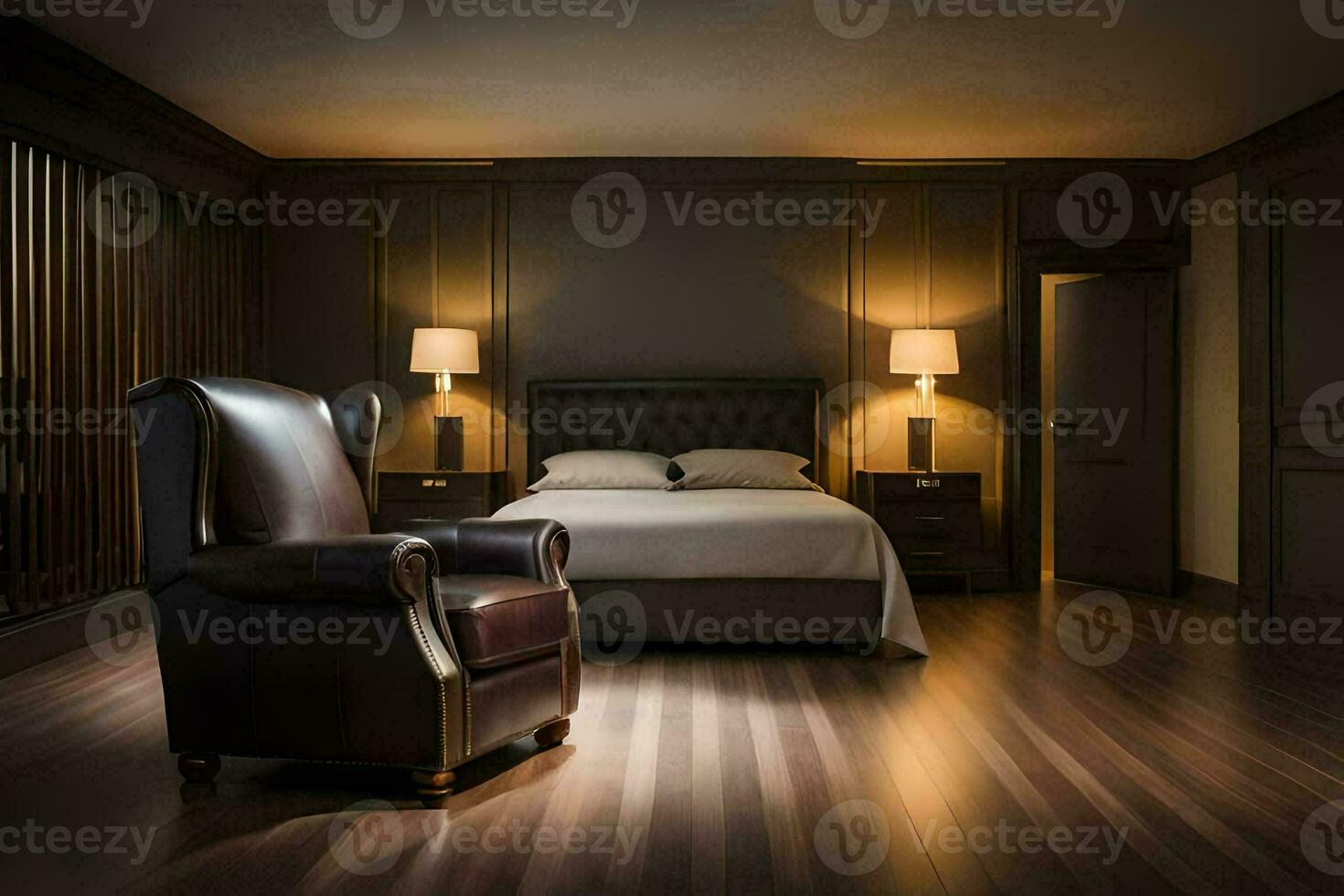 a bedroom with a bed and chair in it. AI-Generated photo