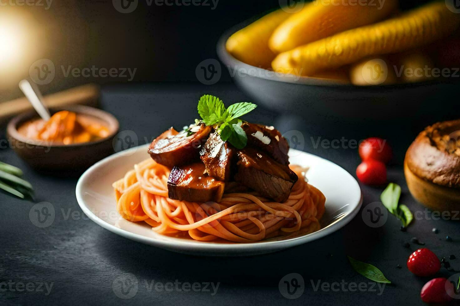 spaghetti with meat and vegetables on a plate. AI-Generated photo
