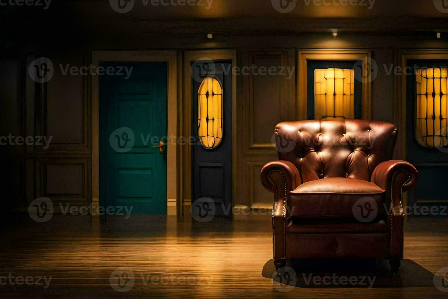 a chair in a dark room with a door. AI-Generated photo