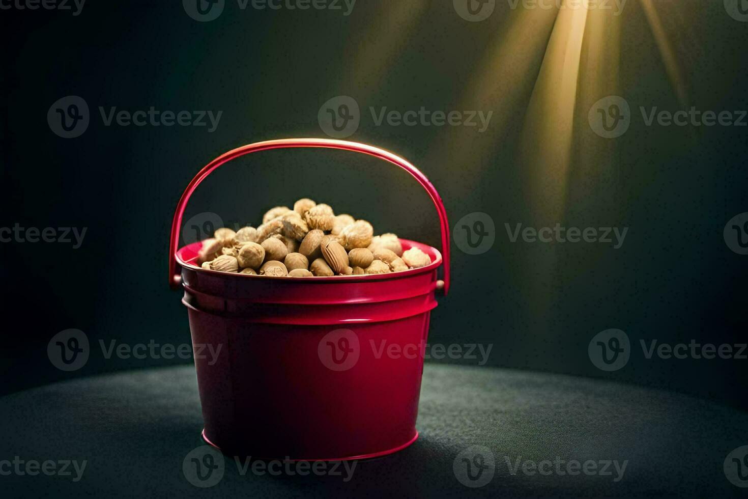 a red bucket filled with peanuts on a dark background. AI-Generated photo