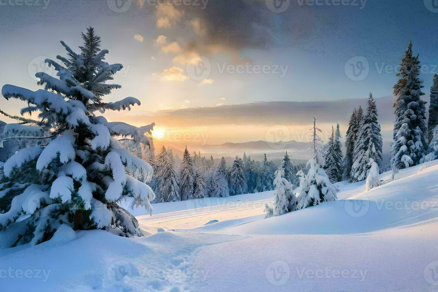 snow covered trees and the sun setting over the mountains. AI-Generated photo