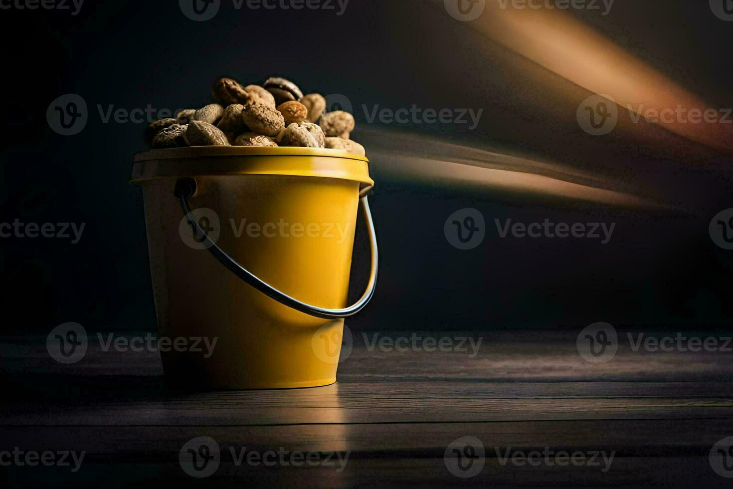 a bucket filled with peanuts on a wooden table. AI-Generated photo