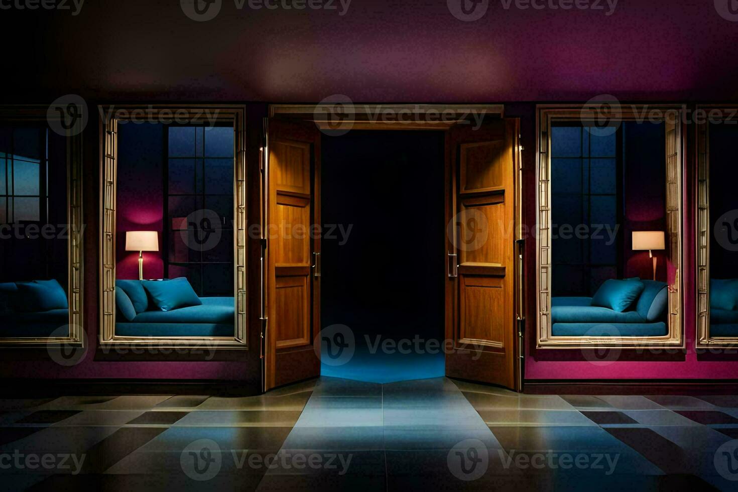 a room with two doors and a couch. AI-Generated photo