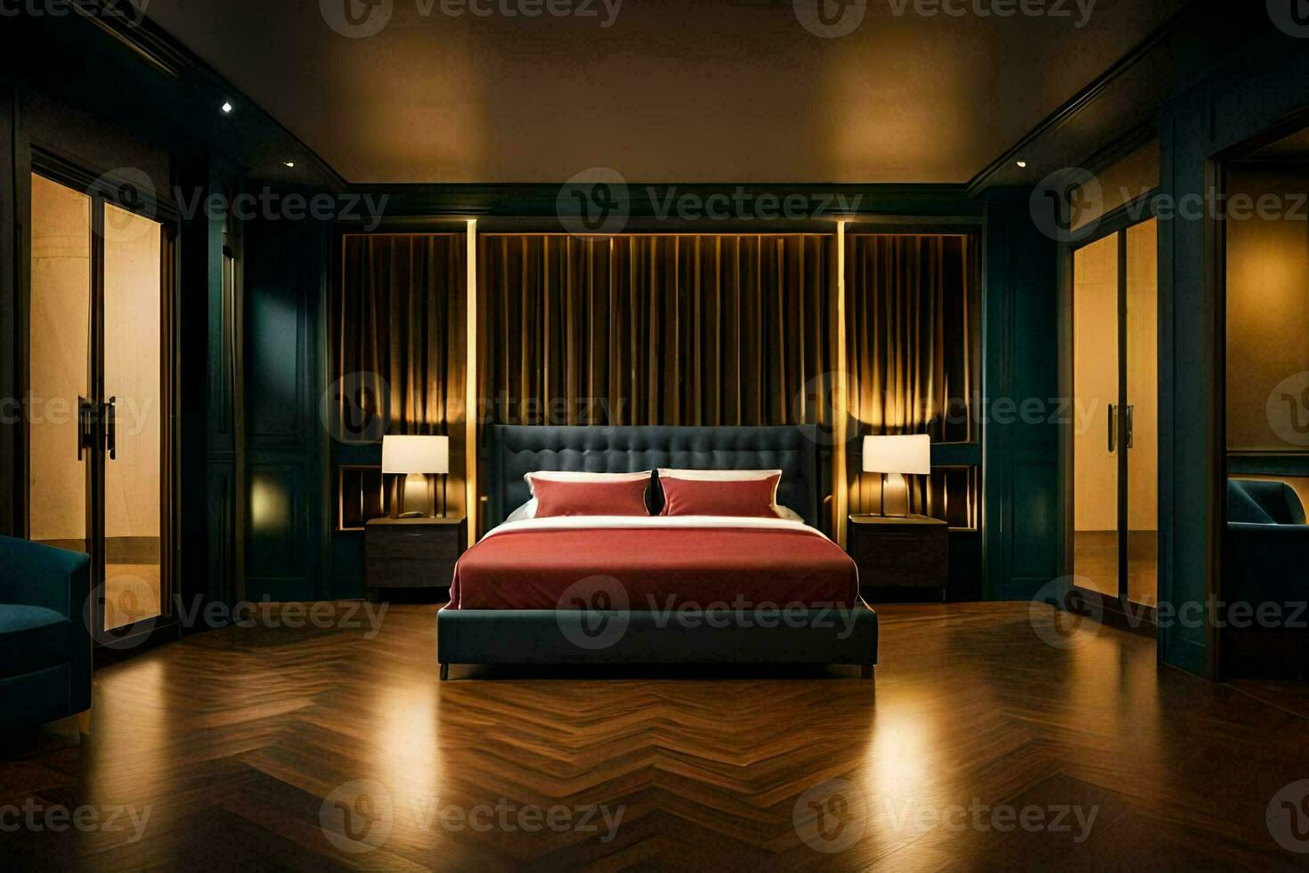 a bedroom with a bed and wooden floors. AI-Generated photo