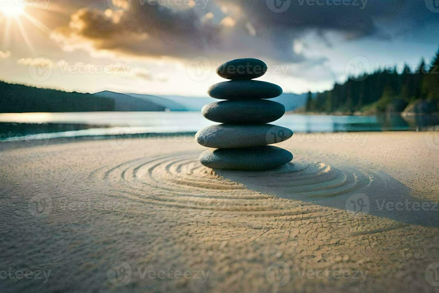 a stack of stones on the beach at sunset. AI-Generated photo