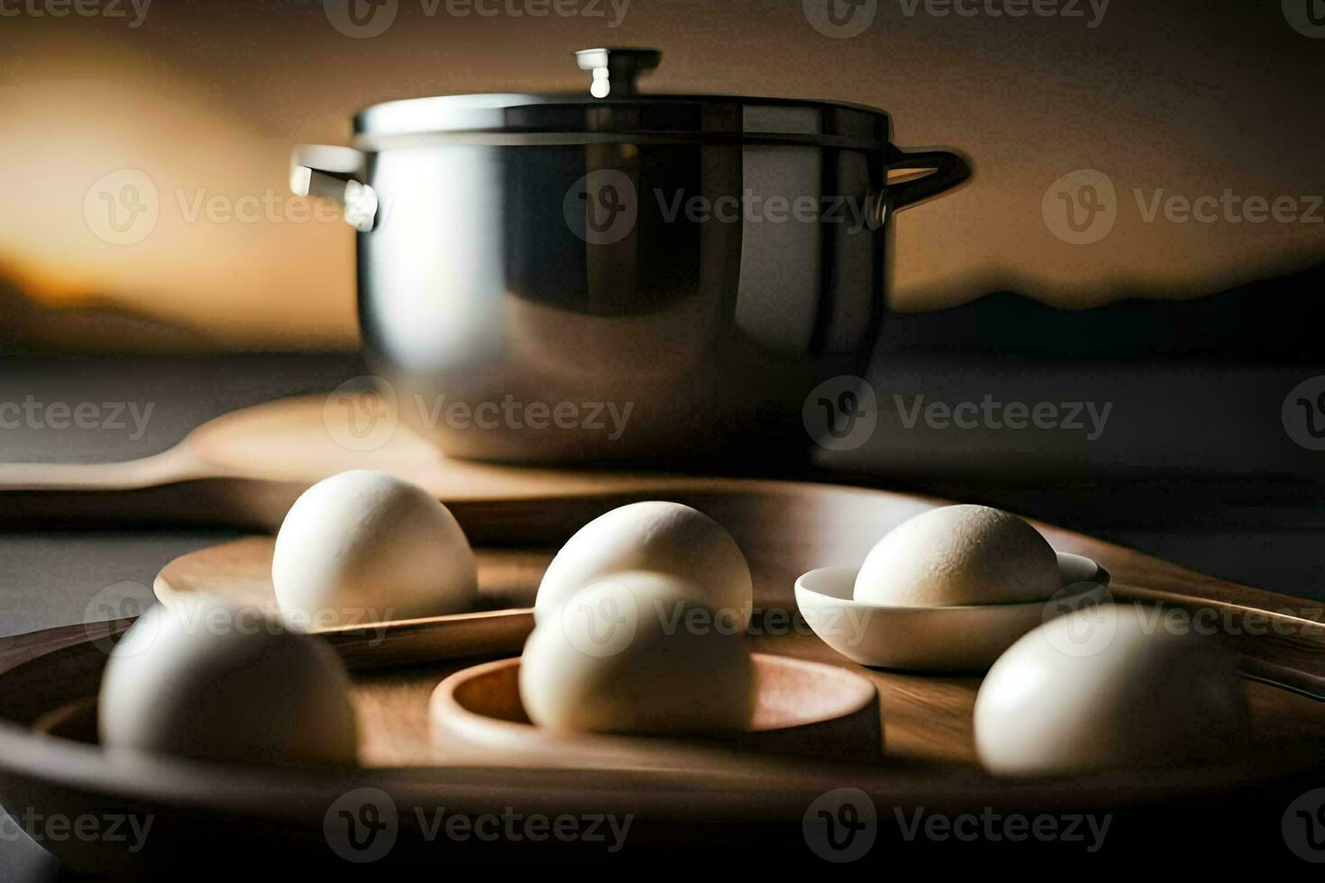 eggs on a wooden tray with a pot and a pan. AI-Generated photo