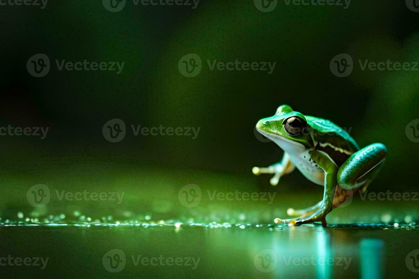 a frog is standing on a wet surface. AI-Generated photo