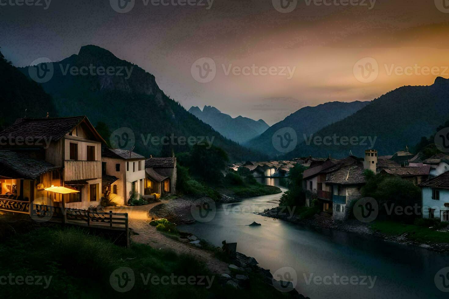 photo wallpaper the sky, mountains, river, house, the village, the river, the village. AI-Generated