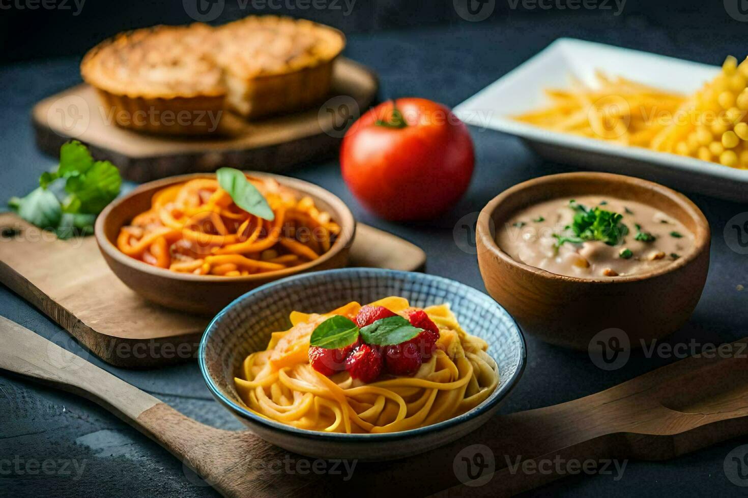 spaghetti with tomato sauce, cheese and bread on a wooden board. AI-Generated photo