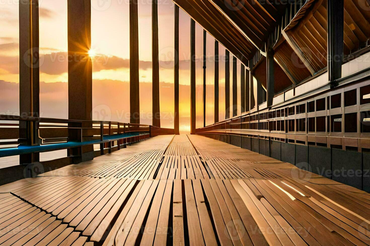 a wooden walkway leads to the sunset. AI-Generated photo