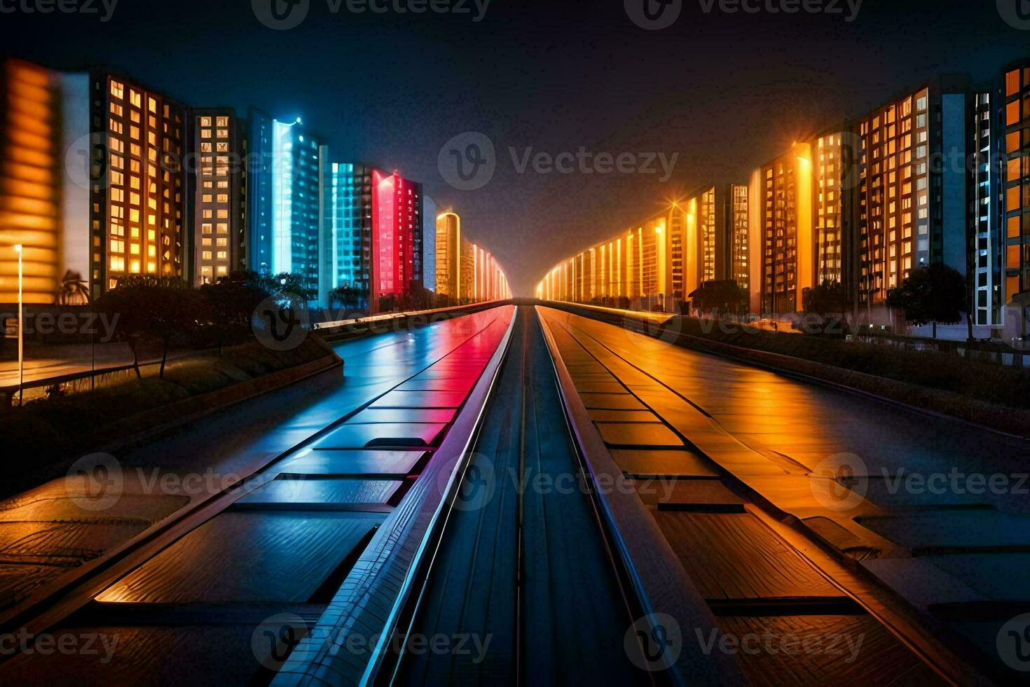 a long exposure photo of a train track in front of buildings. AI-Generated