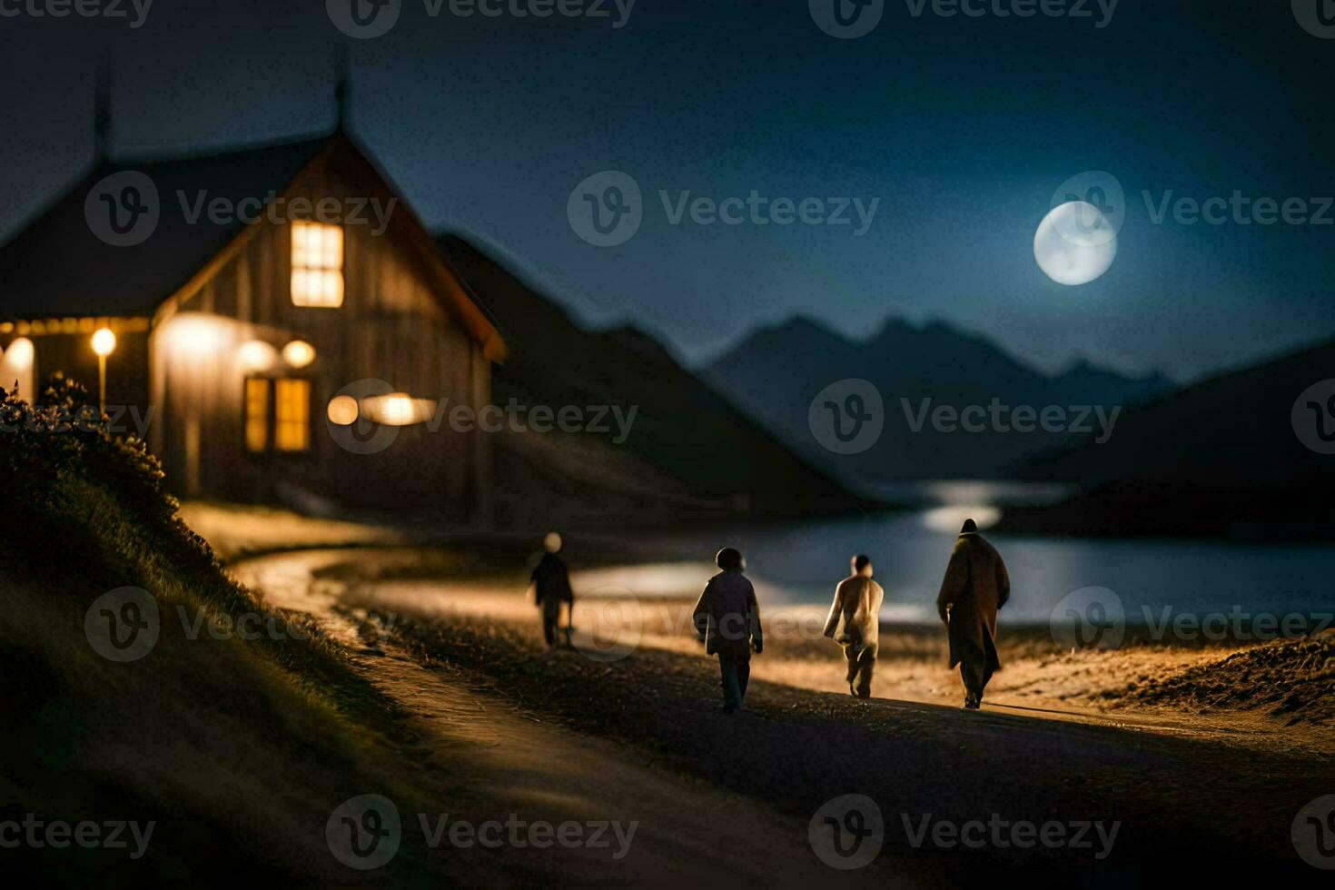 Tres personas caminar abajo un camino en frente de un casa a noche. generado por ai foto