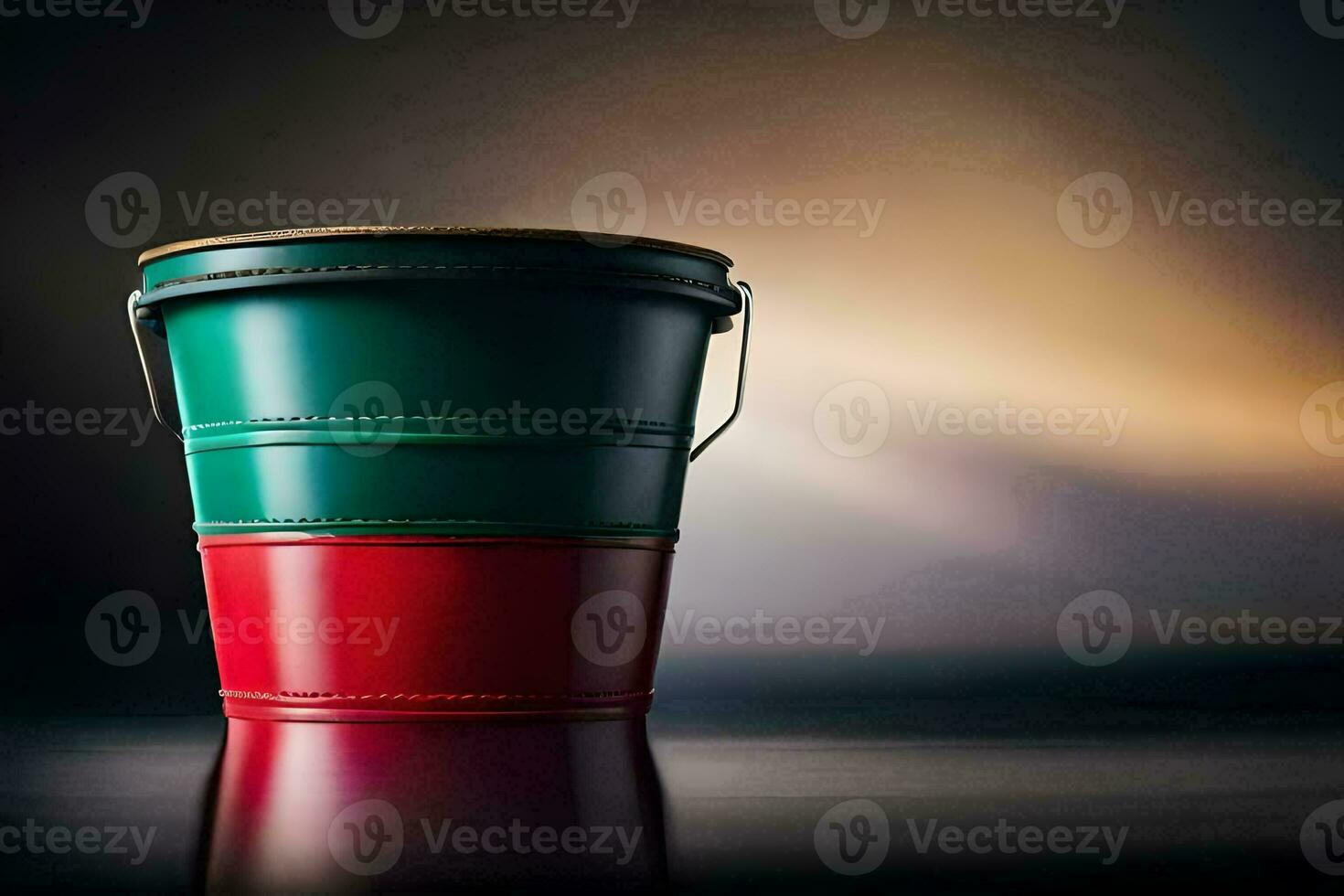 a red and green bucket sitting on a table. AI-Generated photo
