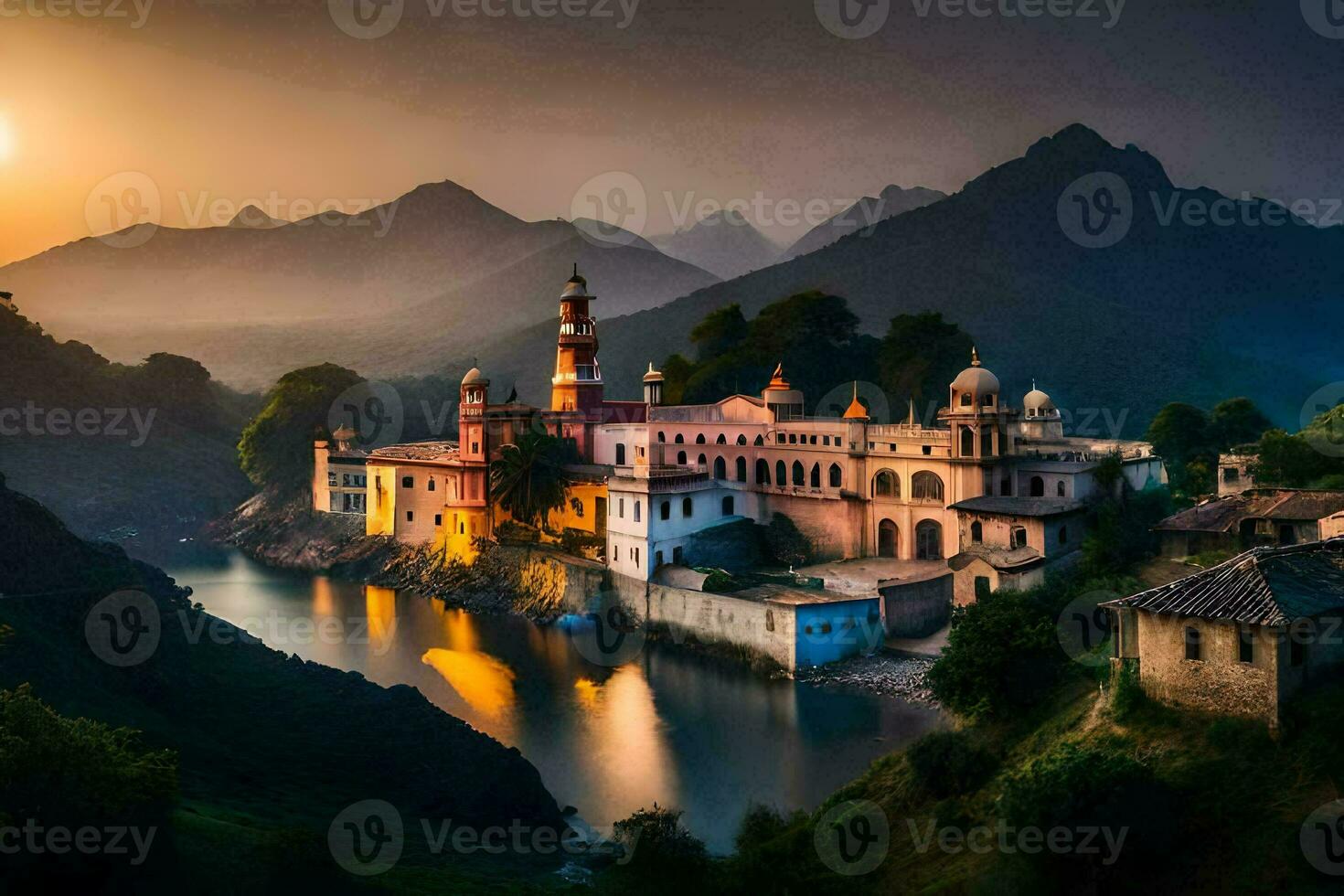 the sun sets over a small village in india. AI-Generated photo