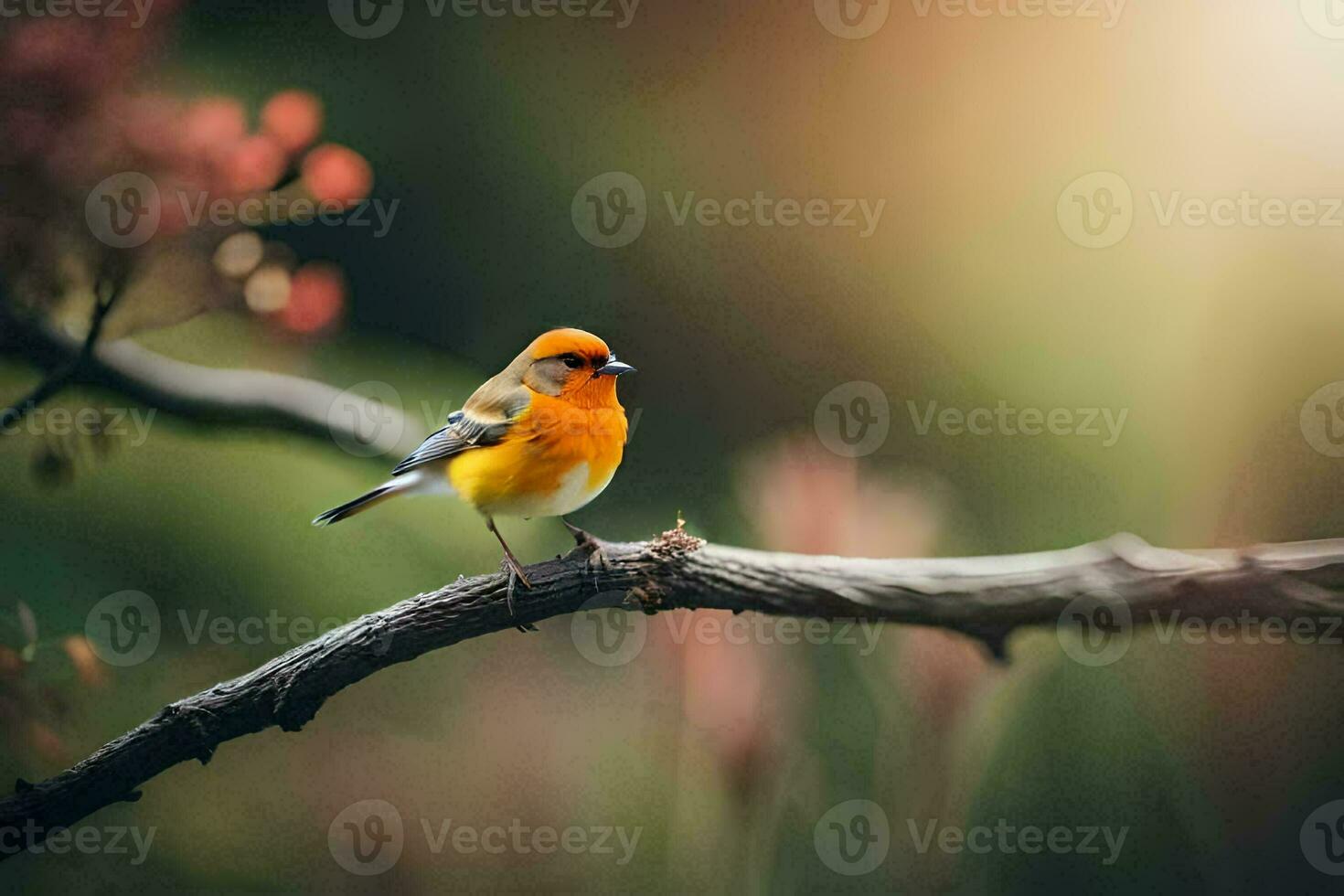 a small orange bird is sitting on a branch. AI-Generated photo