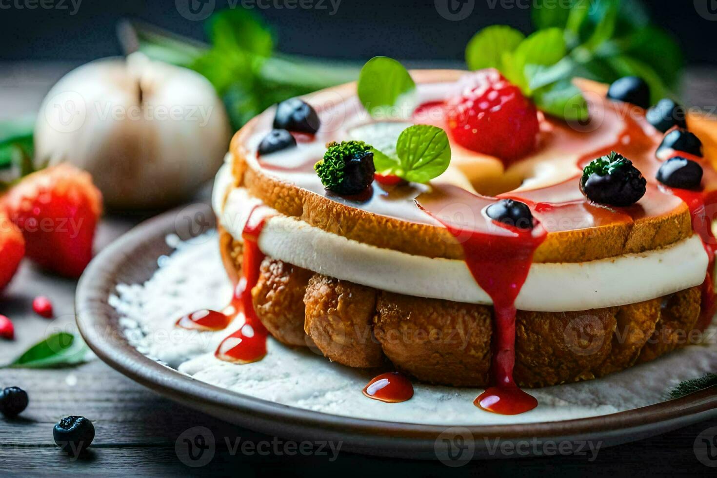 a cake with strawberries and cream on a plate. AI-Generated photo