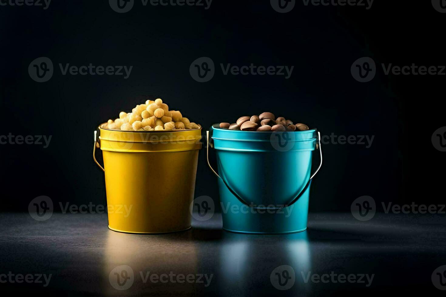 dos cubos de palomitas de maiz en un oscuro antecedentes. generado por ai foto